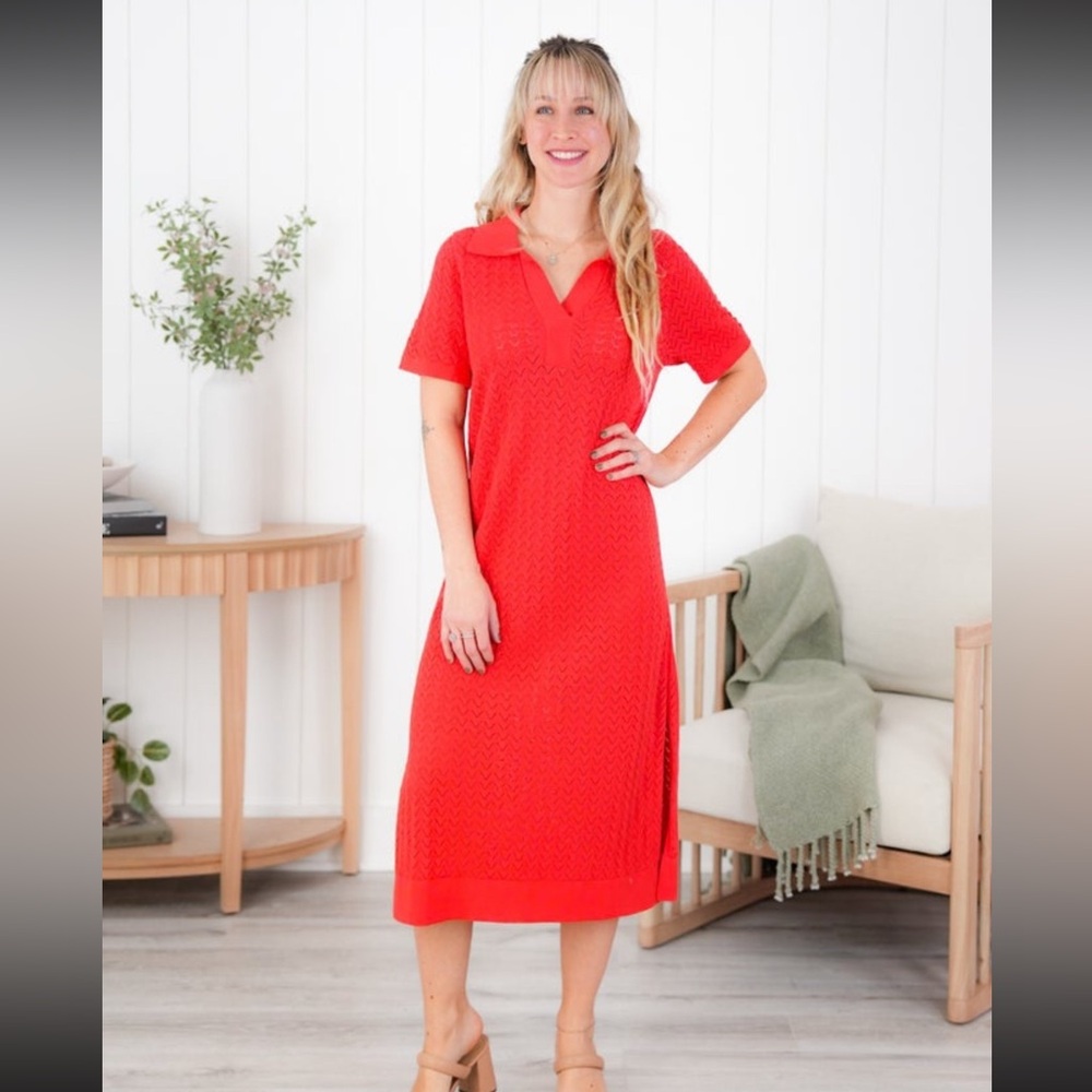 NWT Heyson Red Knit Polo Collared Midi Dress Women